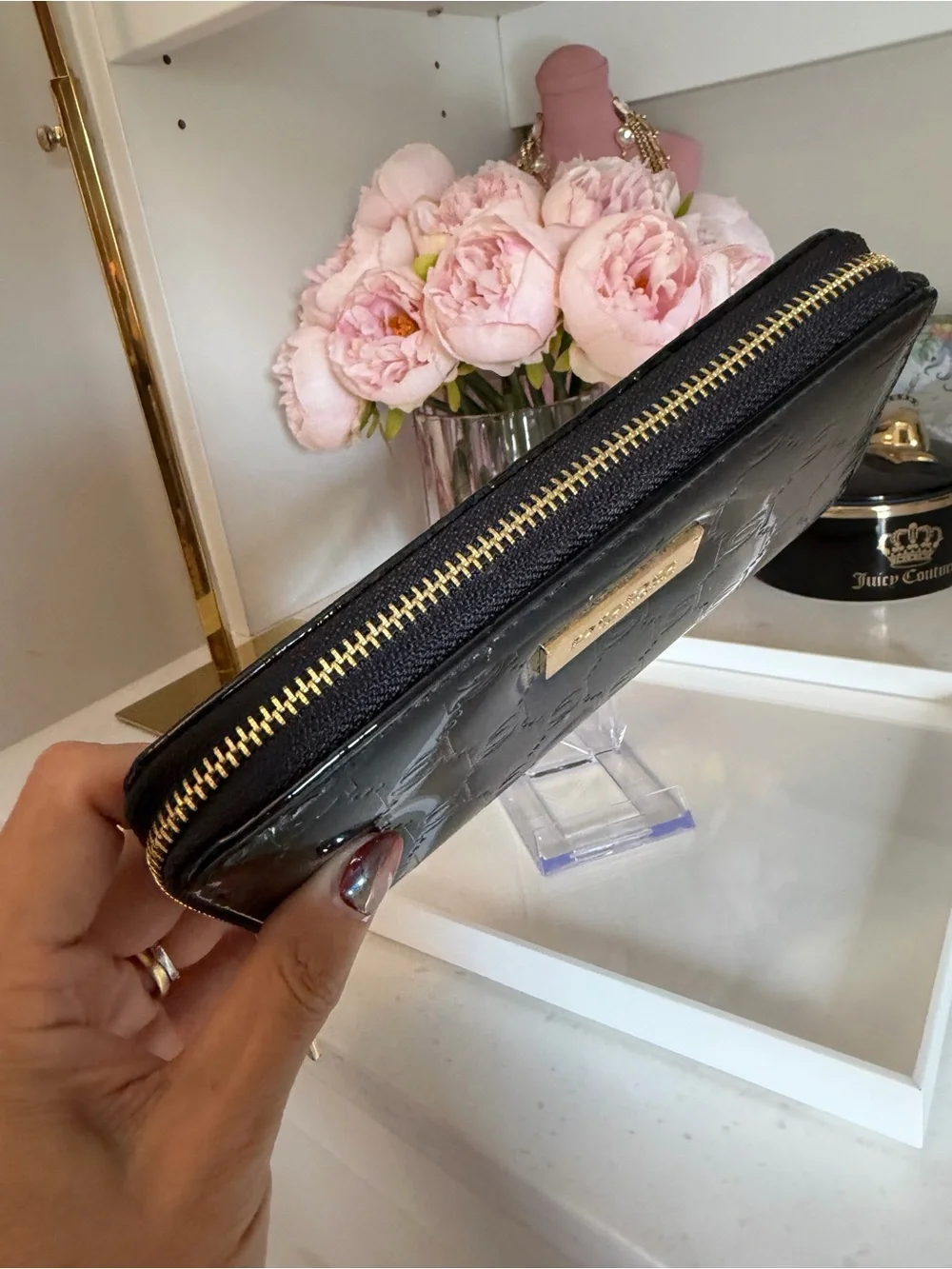 Bebe Black Patent Zip-Around Wallet with Gold Logo Plate NEW Gorgeous